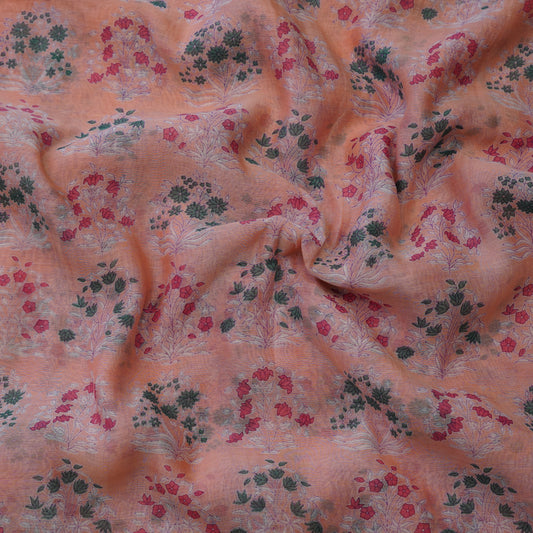 Peach Floral Buta Digital Print Chanderi Fabric.