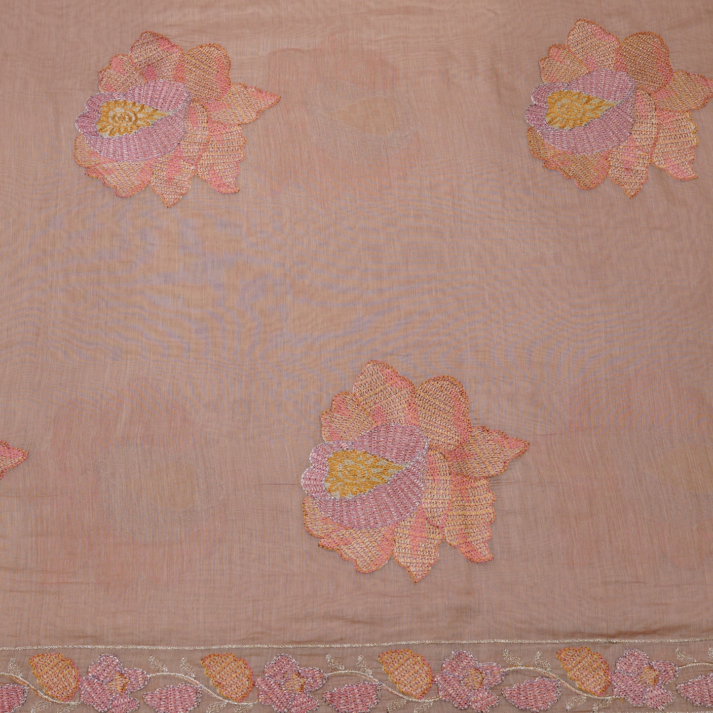 Premium Peach Floral Embroidered Mul chanderi Fabric.