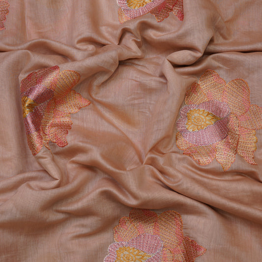 Premium Peach Floral Embroidered Mul chanderi Fabric.