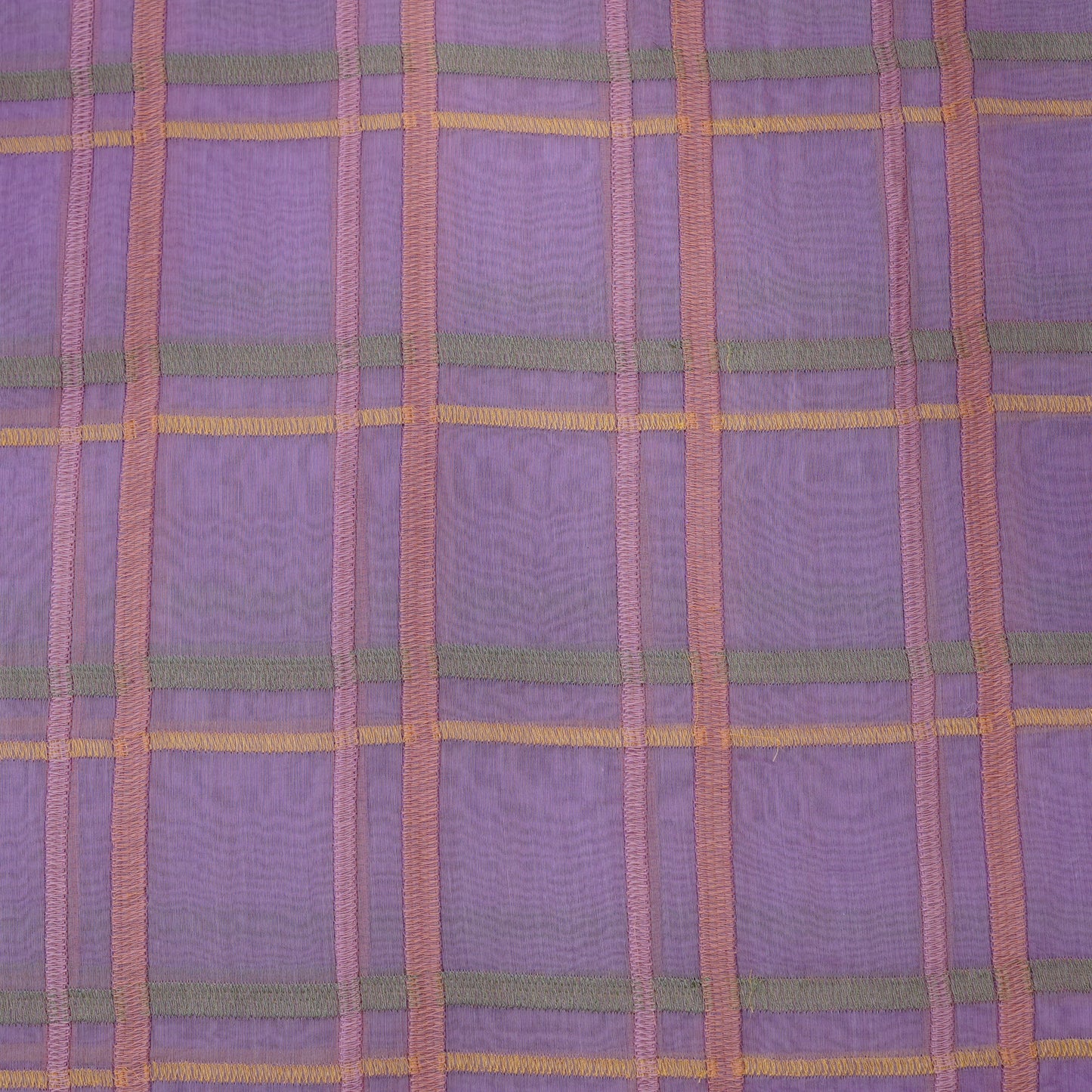 Premium Lavender Check Embroidered chanderi Fabric.