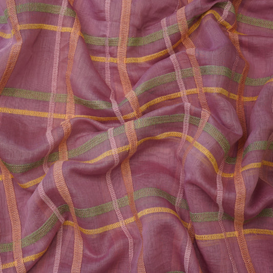 Premium Rust Pink Check Embroidered chanderi Fabric.