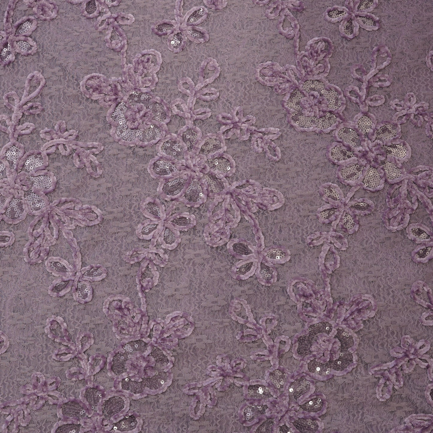 Premium Lavender Floral Sequins Embroidered Net Fabric.