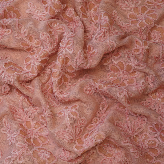 Premium Blush Pink Floral Sequins Embroidered Net Fabric.