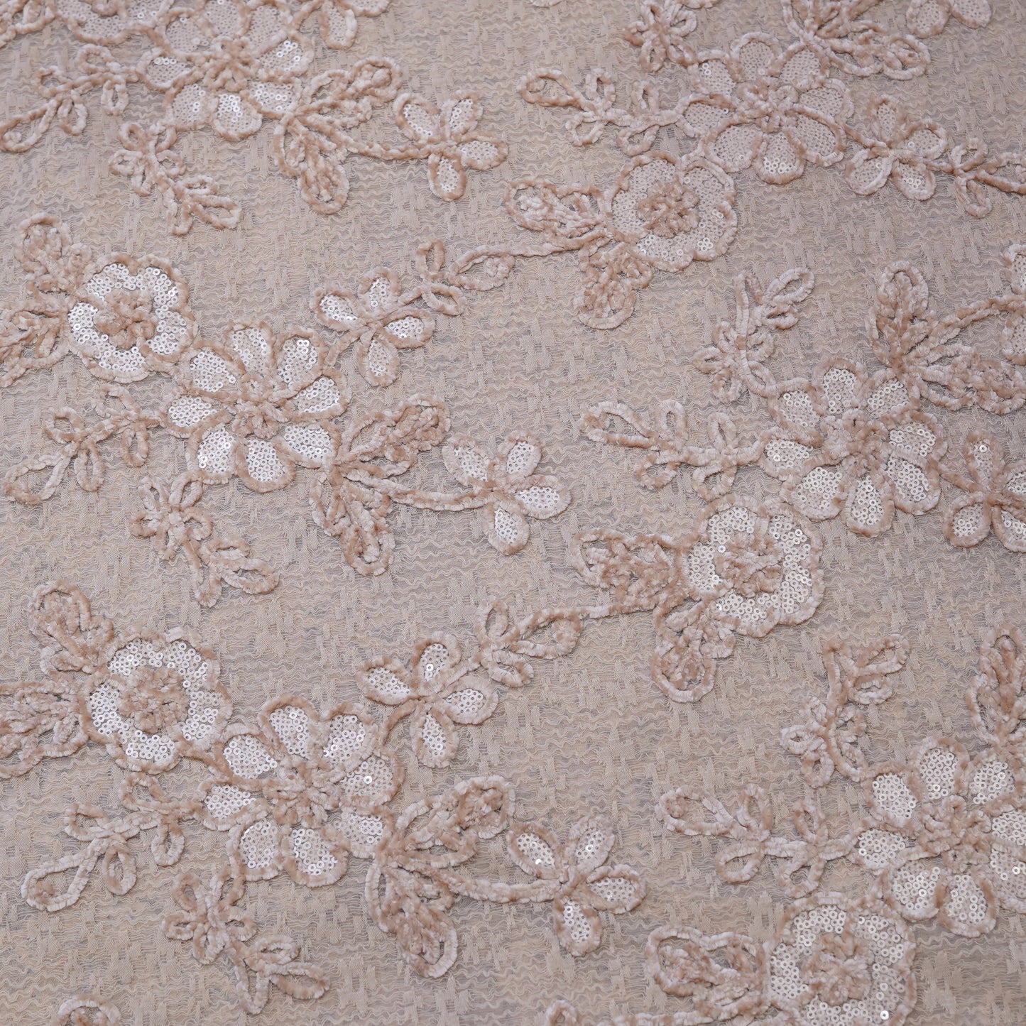 Premium Beige Floral Sequins Embroidered Net Fabric.