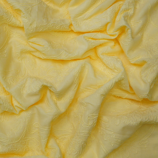 Pastel Yellow Floral Embroidered Cotton Fabric.