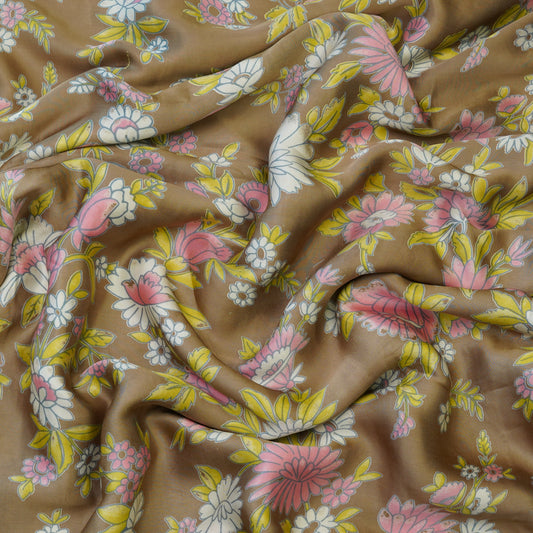 Mocha Brown Pastel Floral Printed Fabric.