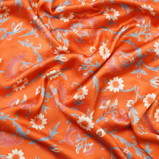 Tangerine Orange Floral Vine Printed Fabric.