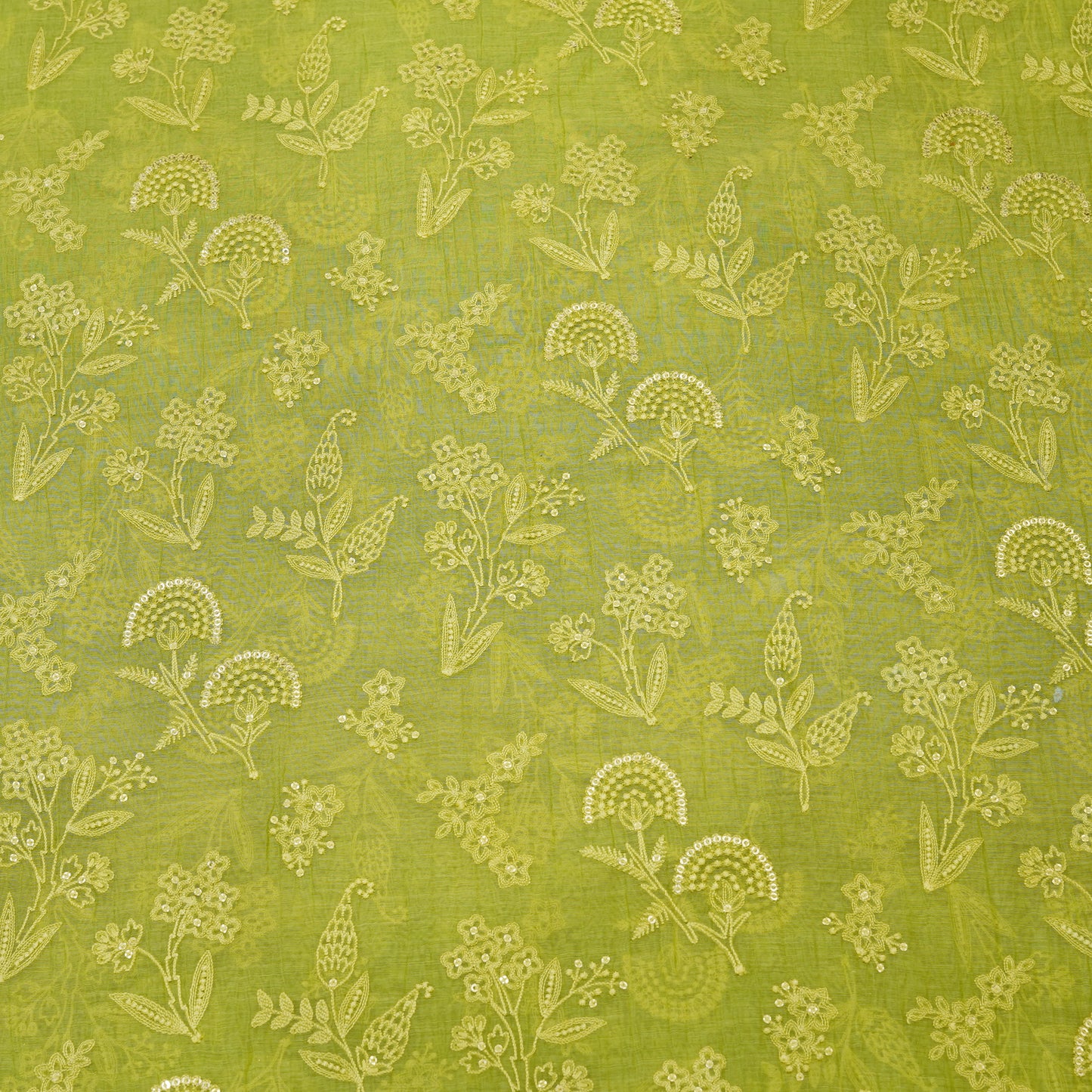 Lime Green Floral Embroidered Fabric.