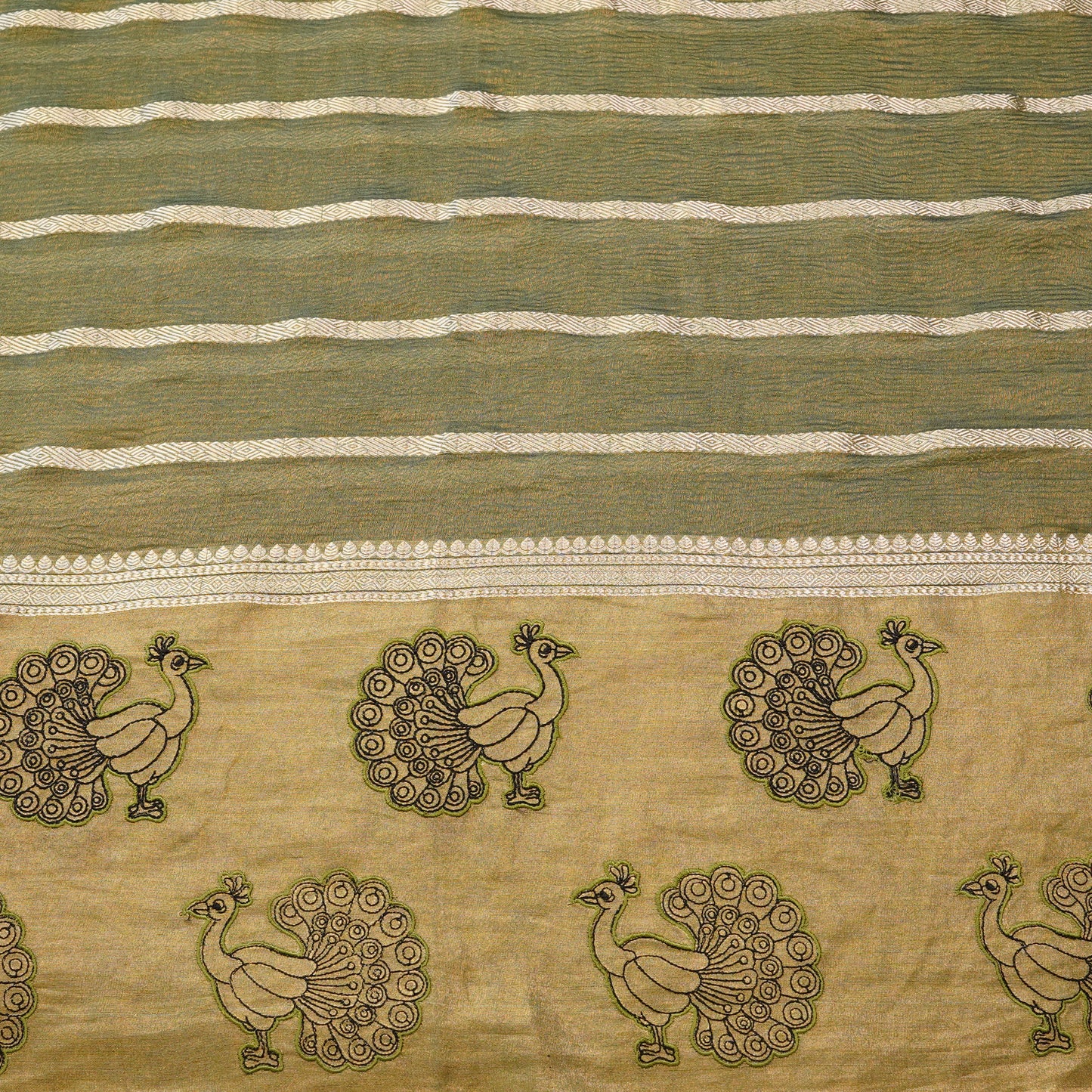 Olive Gold Peacock Embroidered Fabric.