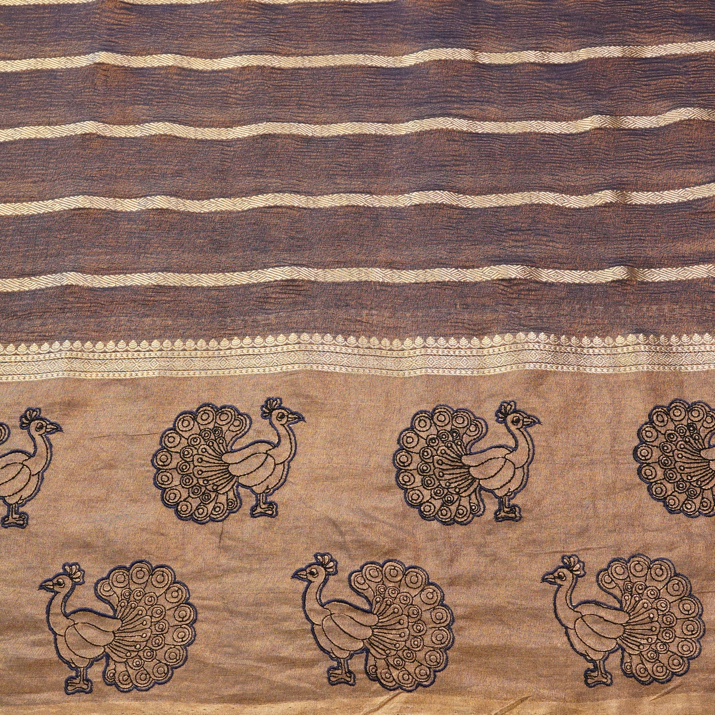 Antique Brown Peacock Embroidered Fabric.