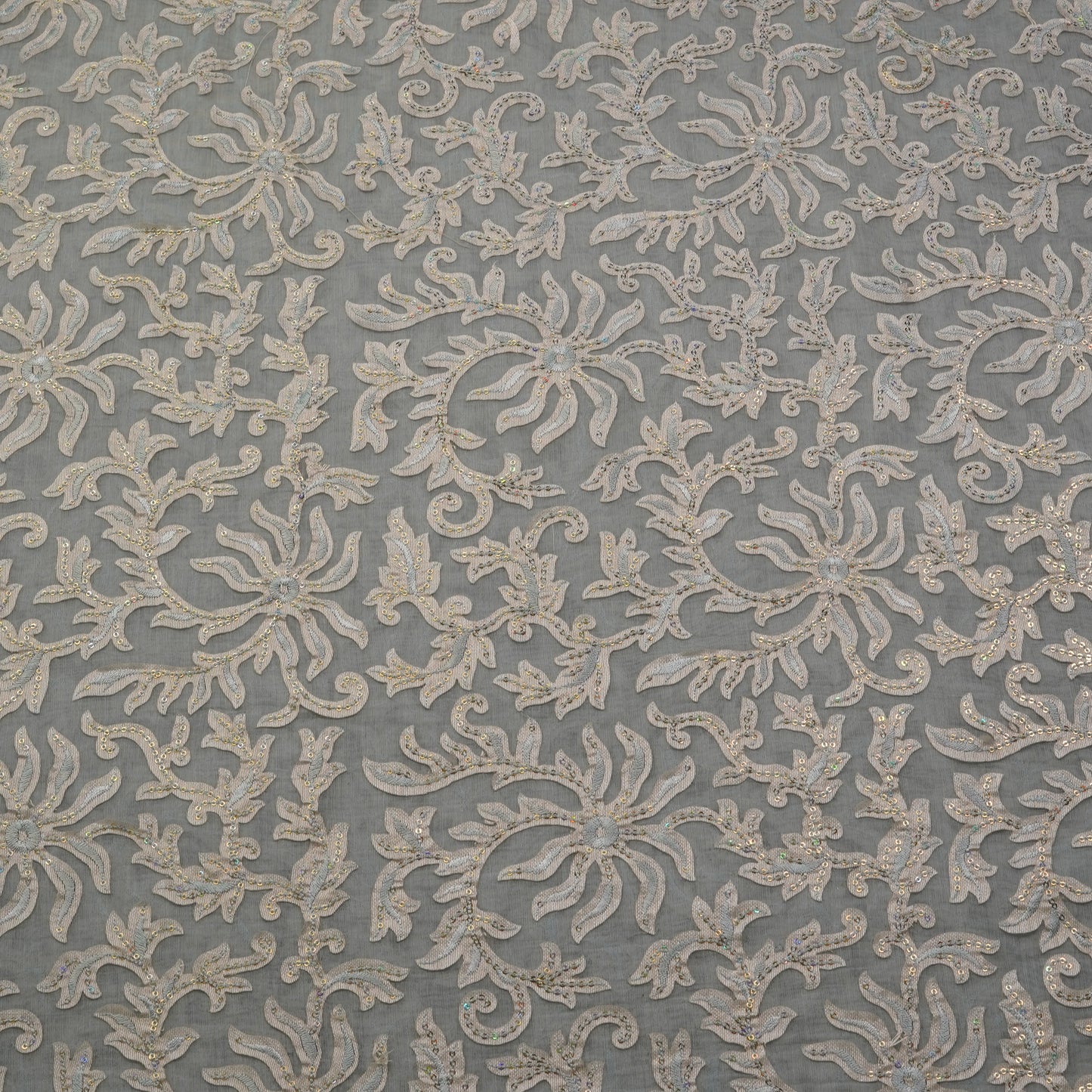 Premium Steel Grey Floral Sequin Embroidered Fabric.
