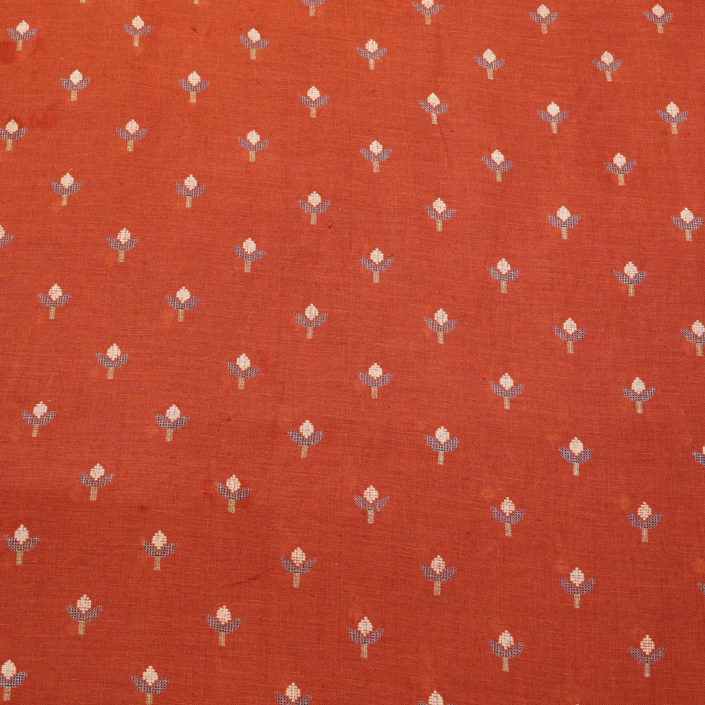 Premium Rust Floral Buti Linen Fabric.