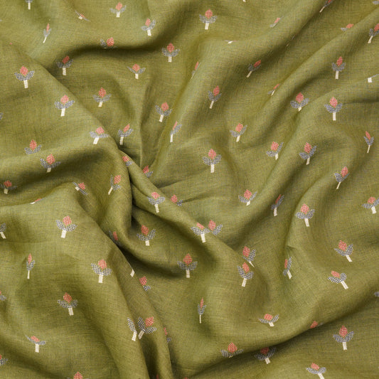 Premium Olive Green Floral Buti Woven Fabric.