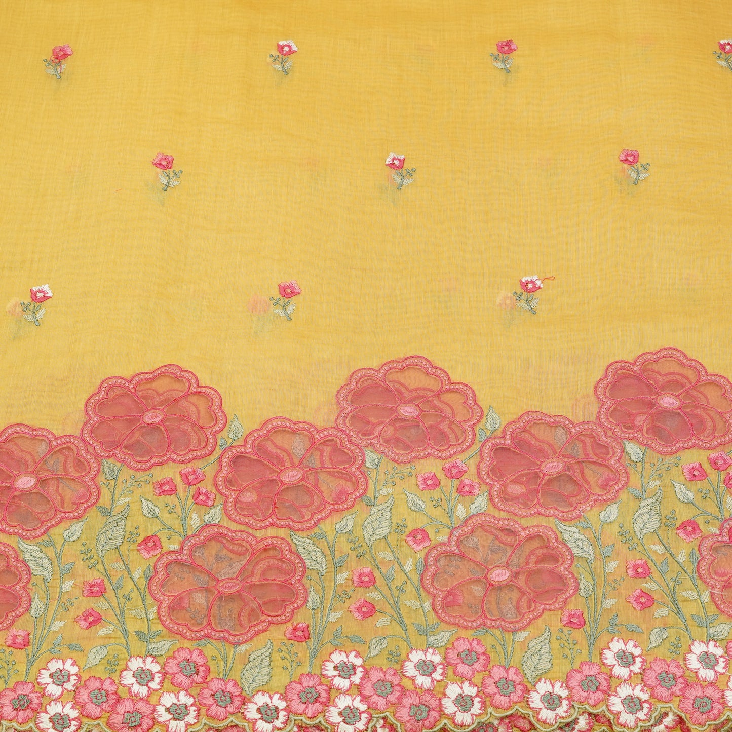 Sunshine Yellow Floral Border Embroidered Mul Chanderi Fabric.