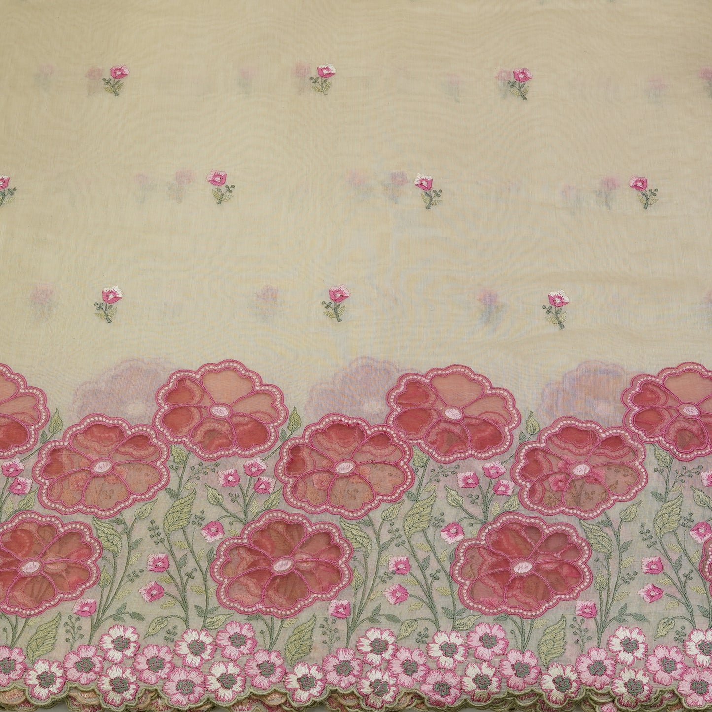 Ivory Cream Floral Border Embroidered Mul Chanderi Fabric