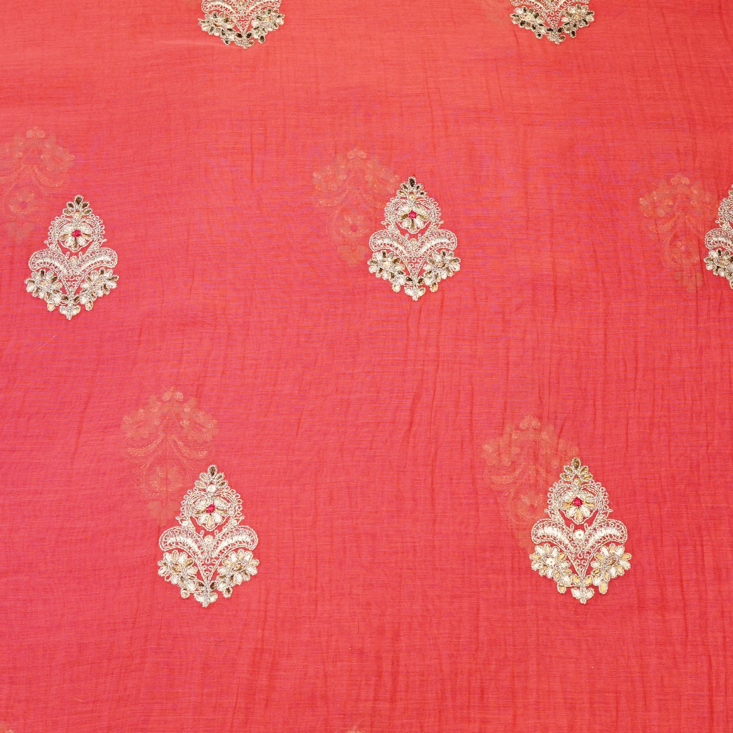 Coral Pink Embroidered Butti Fabric