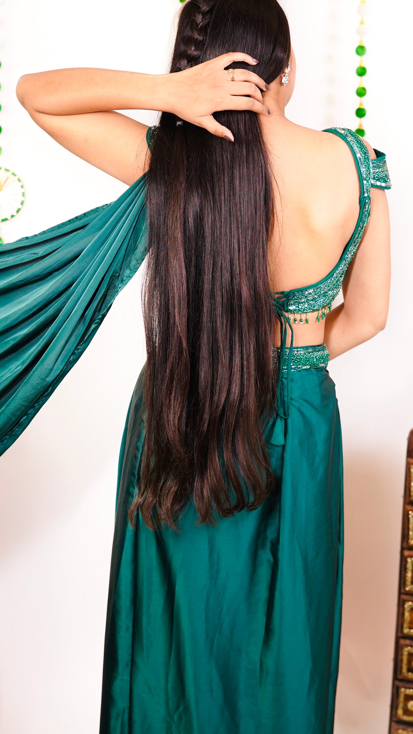 Emerald Green Embroidered Designer Per-Draped Saree Set