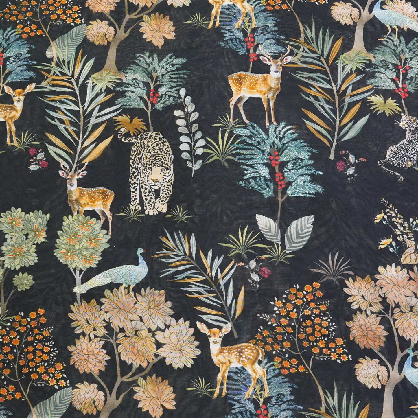 Black Floral & Wildlife Printed Fabric.