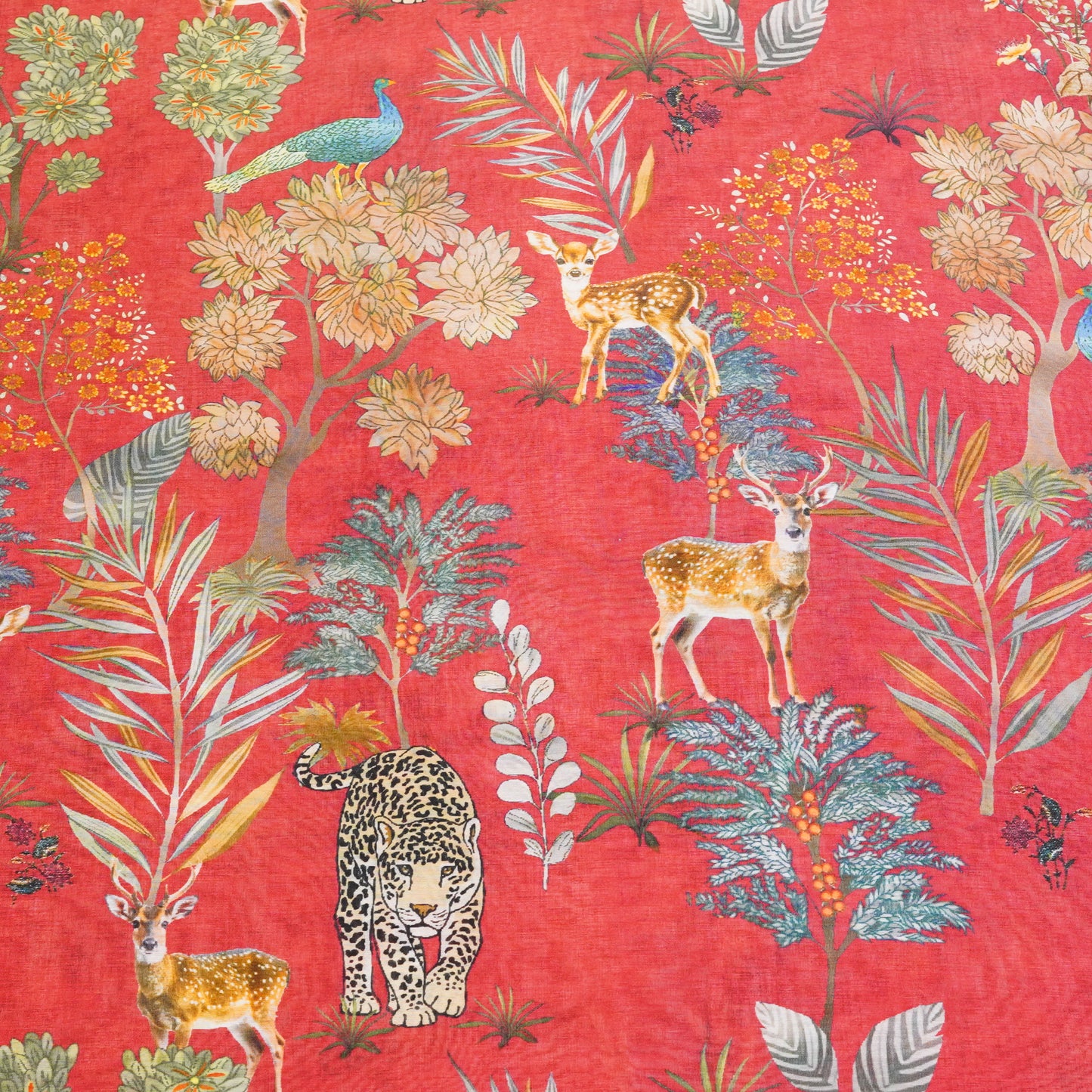 Coral Red Floral & Wildlife Printed Fabric