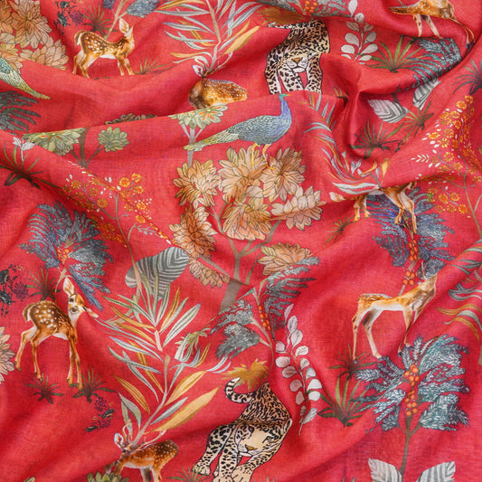 Coral Red Floral & Wildlife Printed Fabric