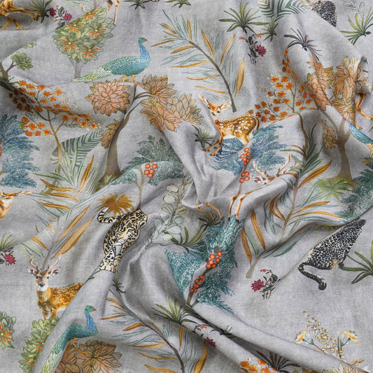 Ice Grey Floral & Wildlife Printed Banarasi Fabric