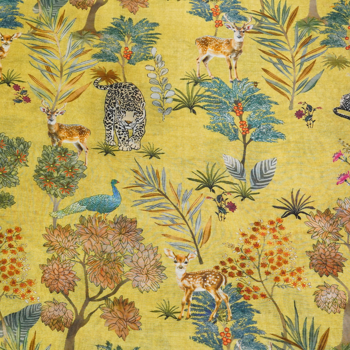 Mustard Yellow Floral & Wildlife Printed Fabric.