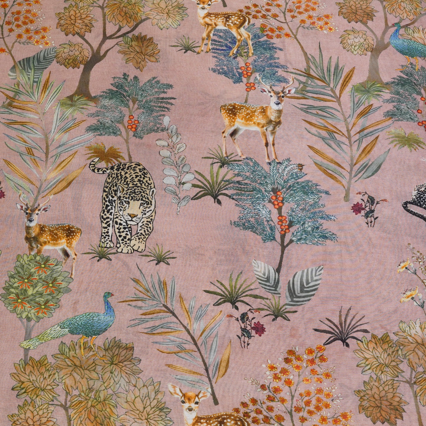 Dusty Pink Floral & Wildlife Printed Chanderi Fabric.