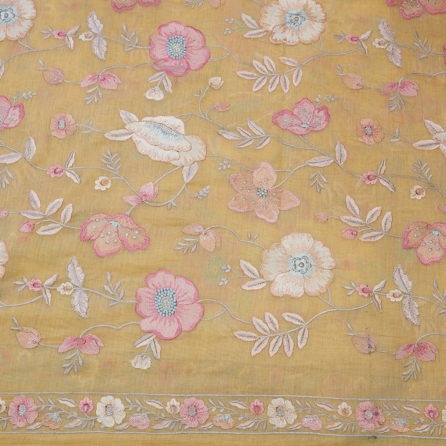 Mustard Floral Embroidered Organza Fabric
