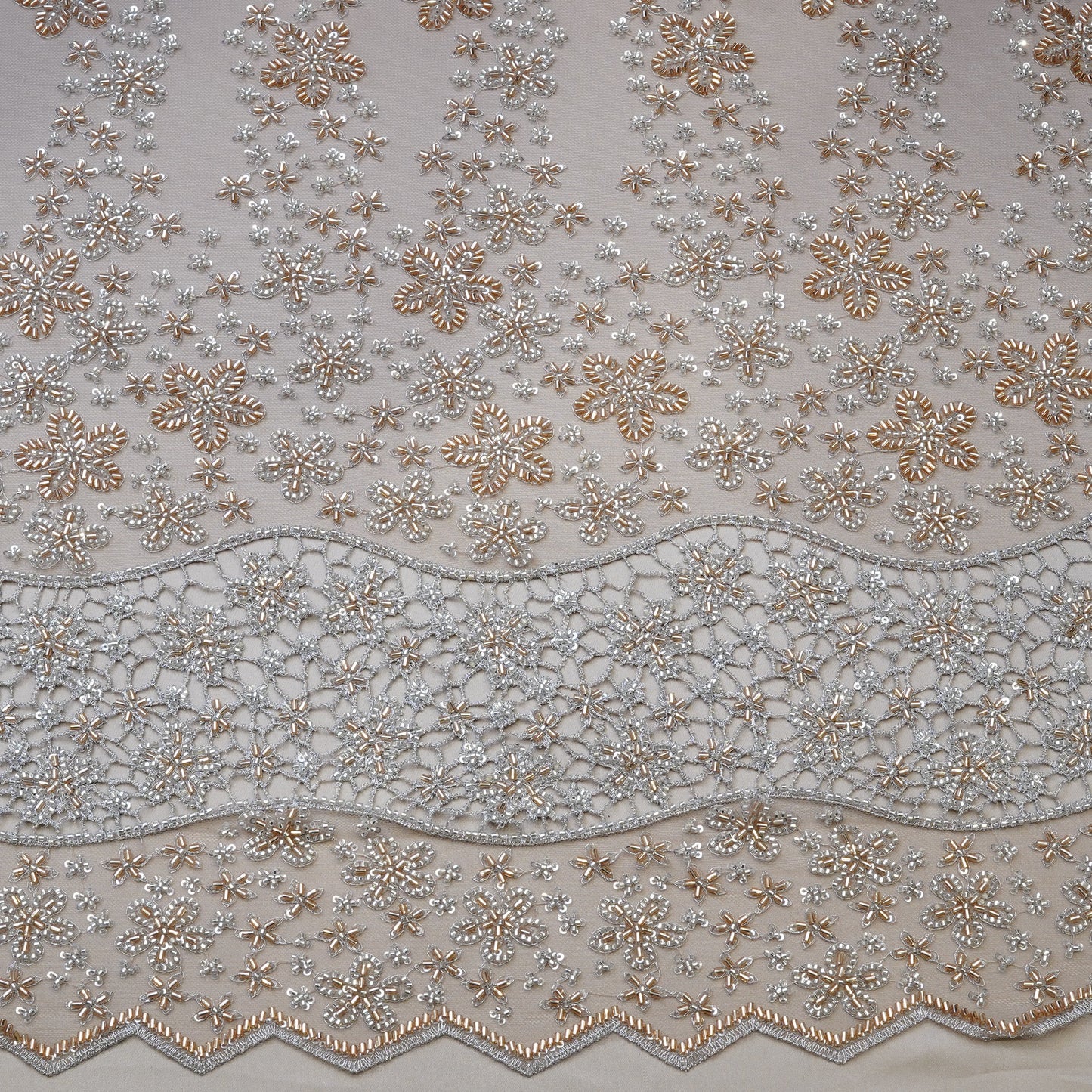 Premium Silver & Rose Gold Floral Embroidered Fabric.