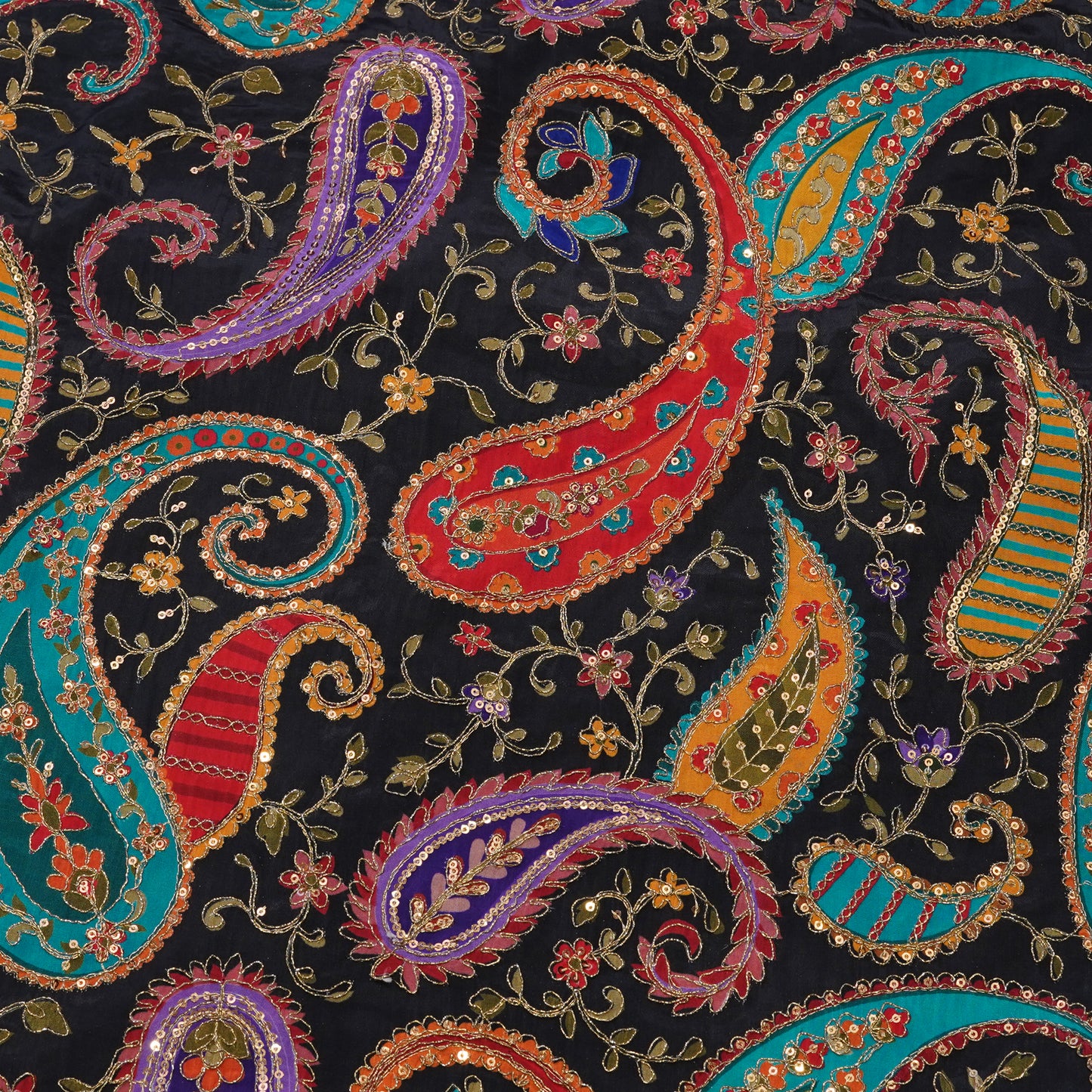Premium Black Multicolor Paisley Embroidered Fabric.