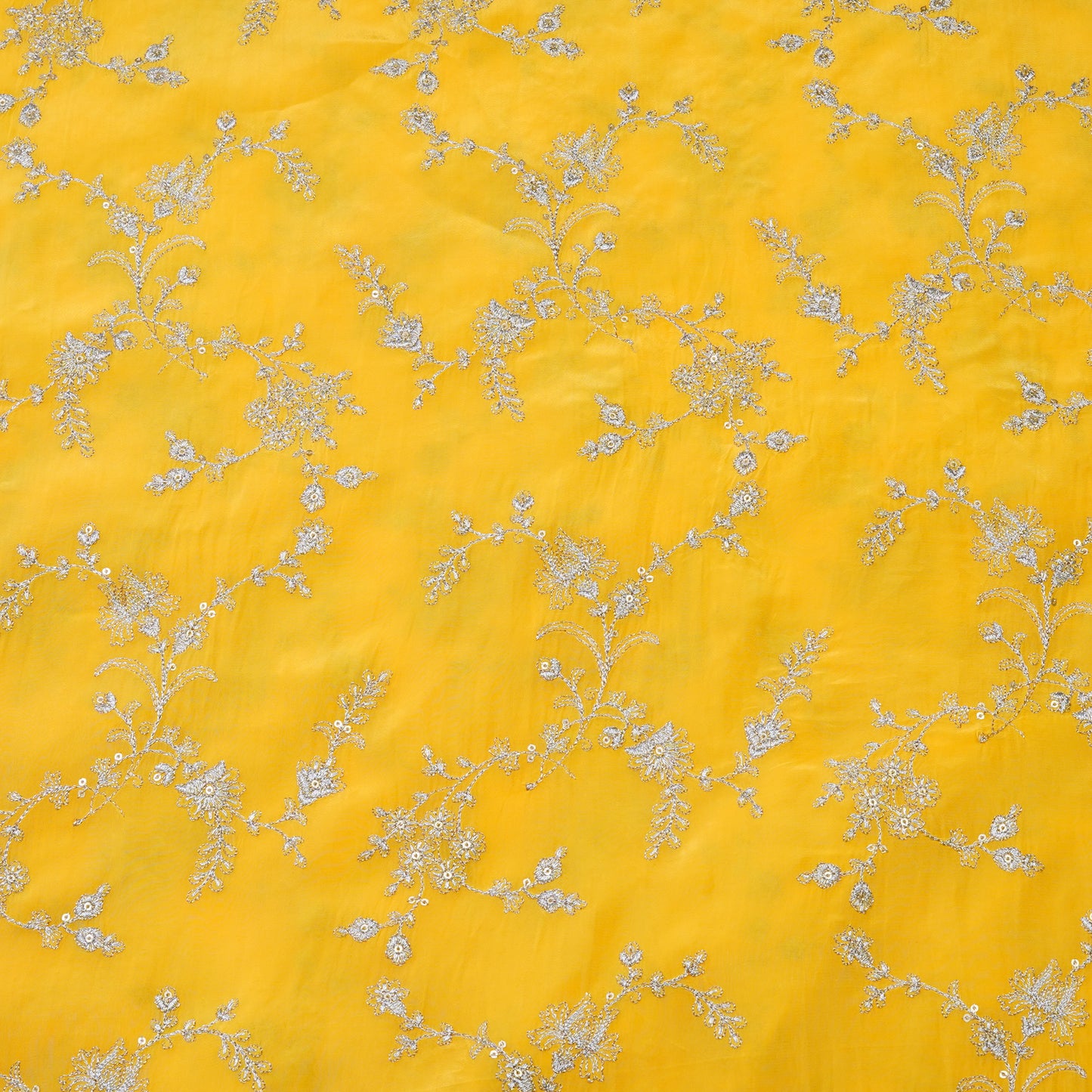 Mustard Yellow Silver Floral Embroidery Fabric