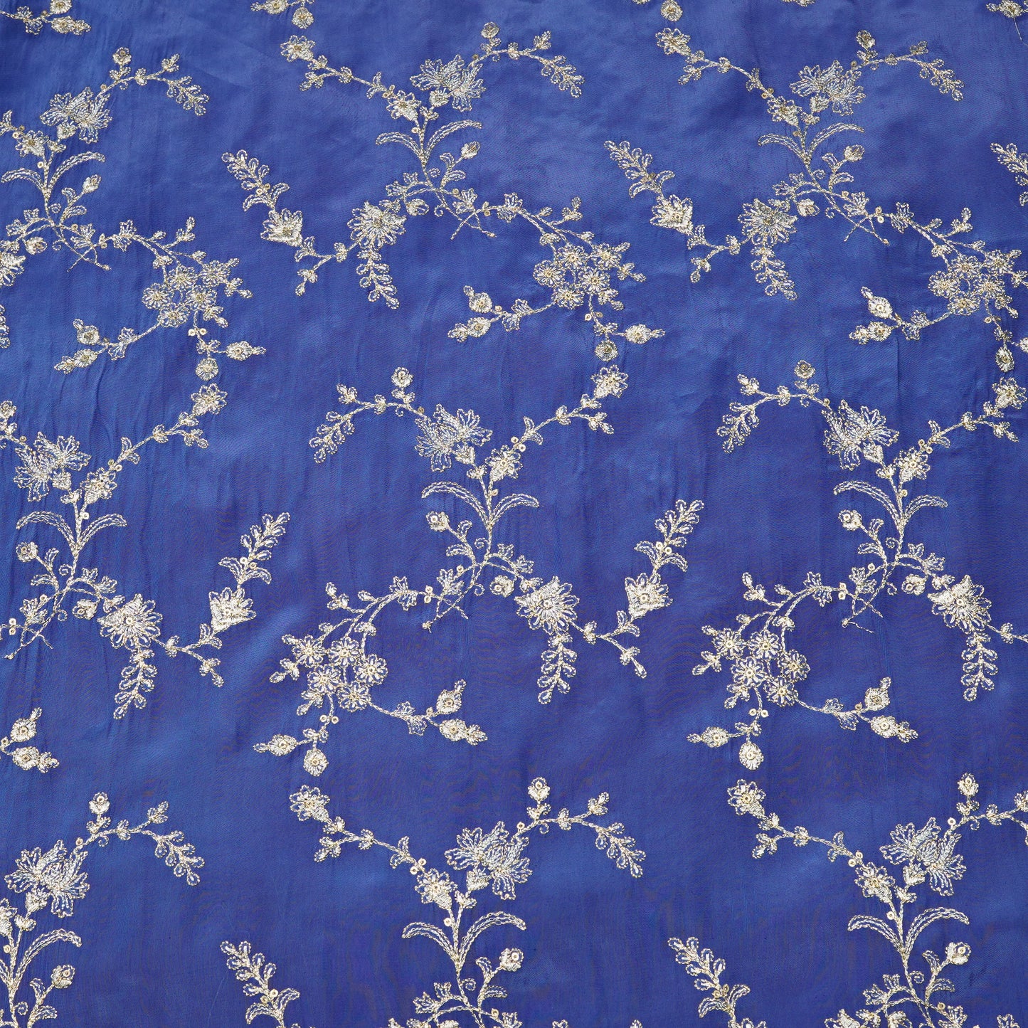 Royal Blue Silver Floral Embroidery Fabric.