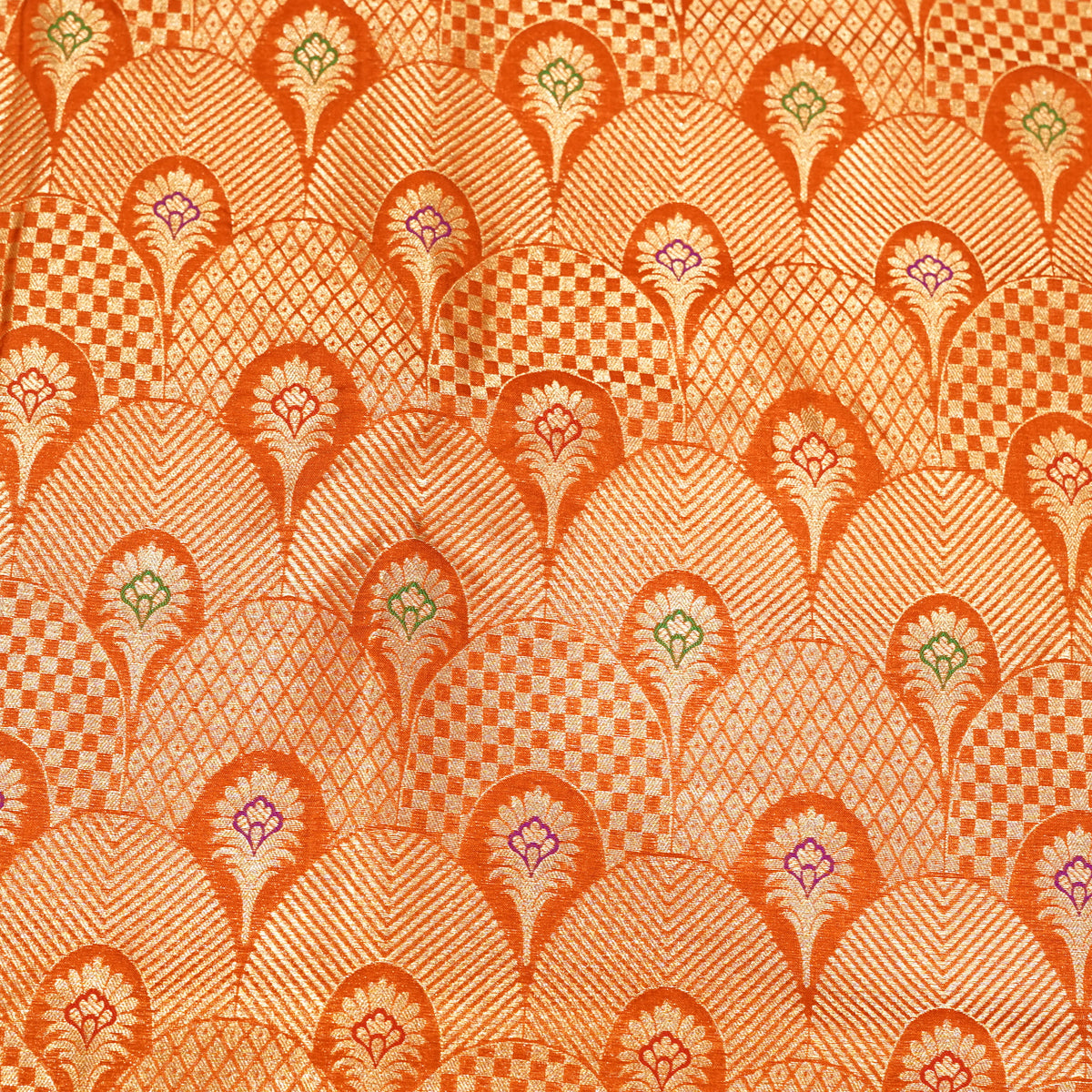 Premium Orange & Gold Multicolour Floral Geometric Brocade Fabric