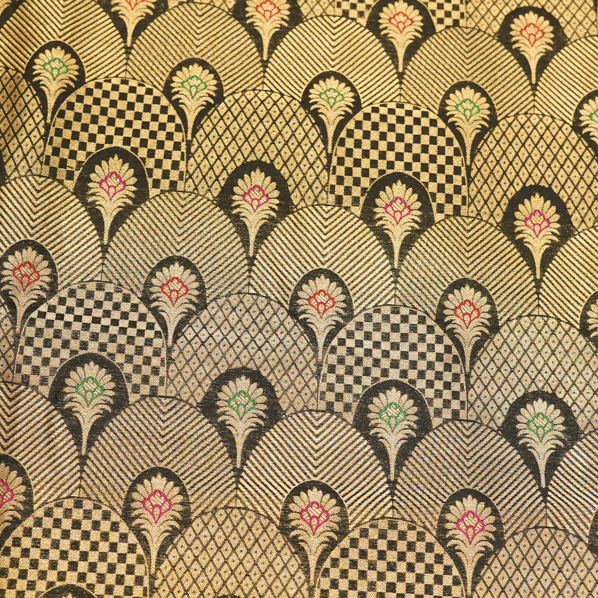 Premium Black & Antique Gold Multicolour Floral Geometric Brocade Fabric