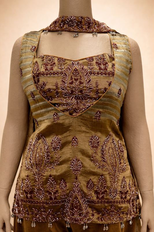 Olive Gold Embroidered Kurta with Velvet Palazzo Set