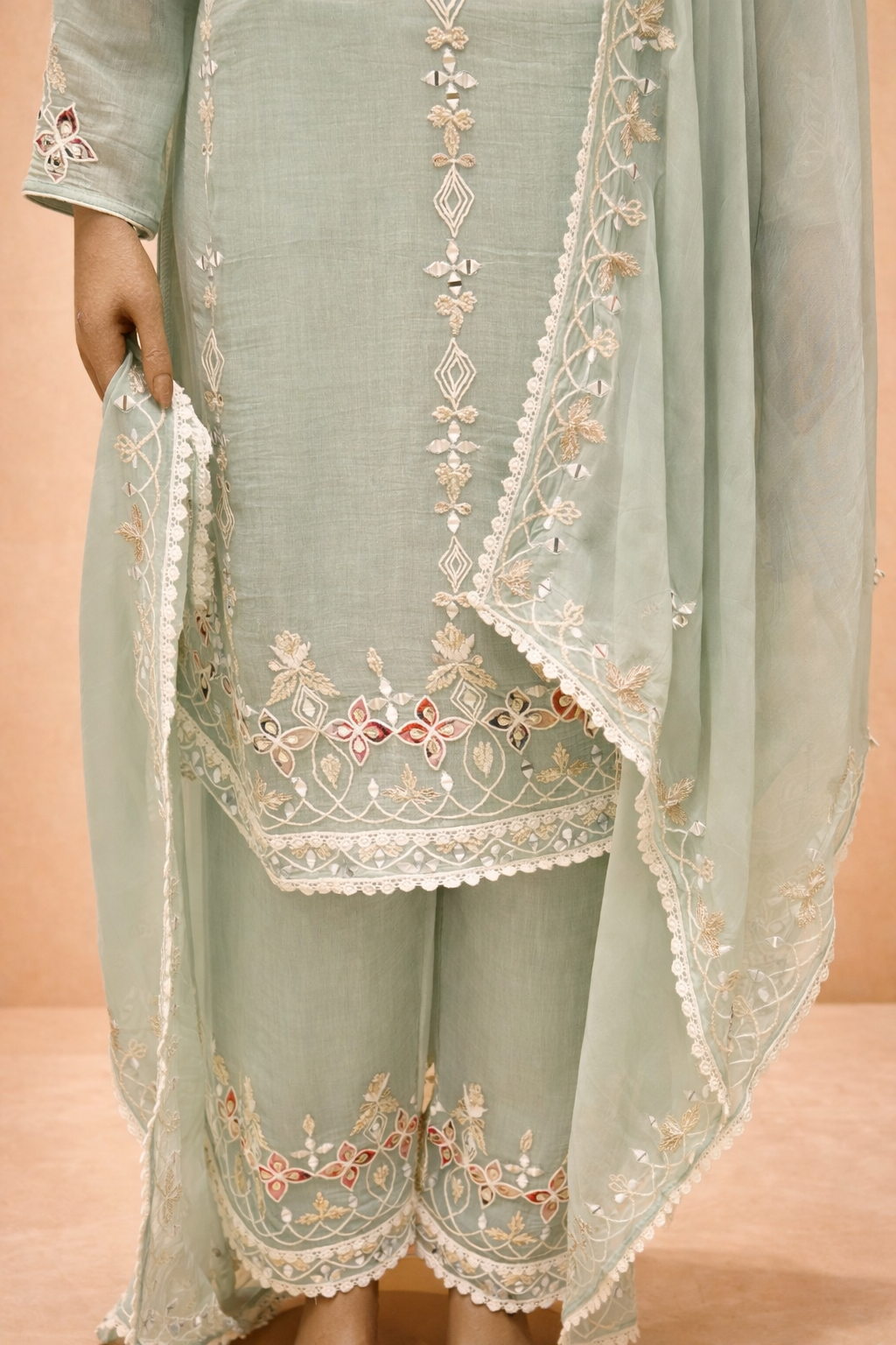 Mint Green Embroidered Kurta Set with Dupatta