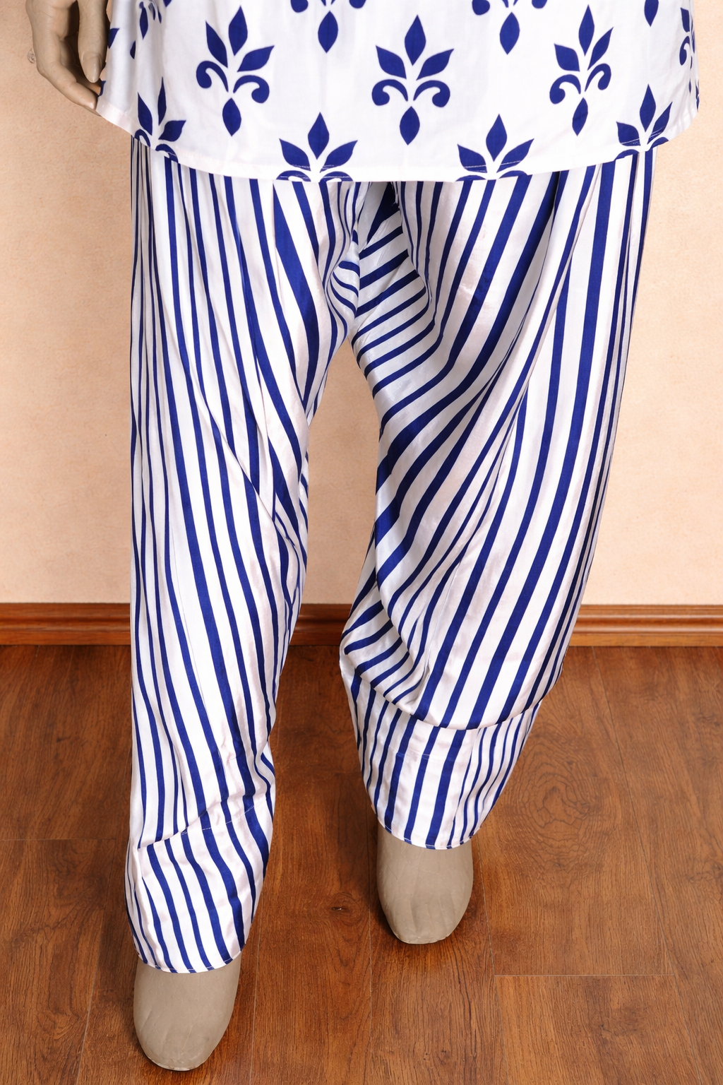 Blue & White Printed Cord Set with Striped Pants