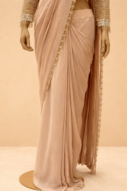 Elegant Blush Beige Embellished Saree Set