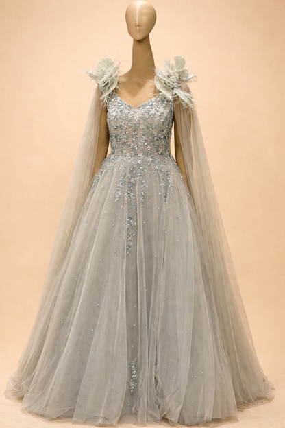 Ethereal Silver Grey Embellished Designer Gown