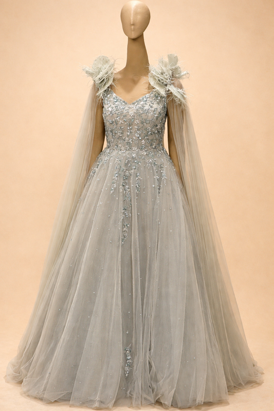 Ethereal Silver Grey Embellished Designer Gown