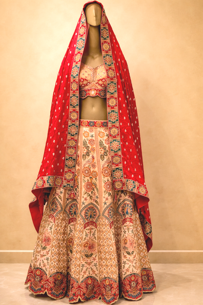 Royal Heritage Bridal Lehenga Set with Embroidered Red Dupatta