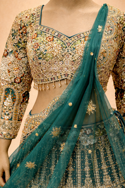 Regal Teal Embroidered Bridal Lehenga