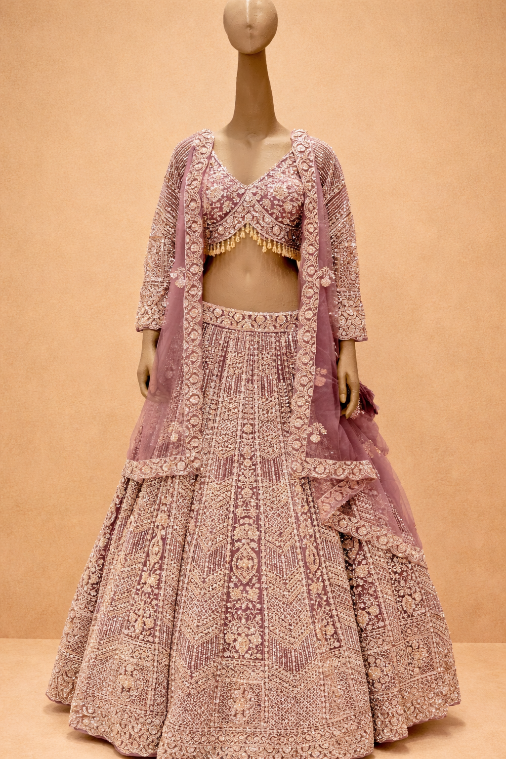 Mauve Embroidered Bridal Lehenga Set with Sheer Dupatta