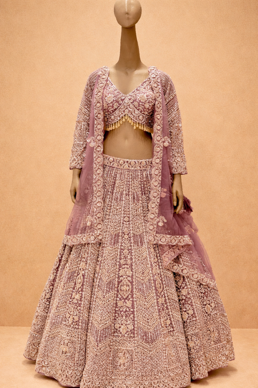 Mauve Embroidered Bridal Lehenga Set with Sheer Dupatta