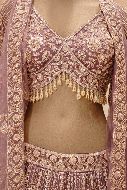 Mauve Embroidered Bridal Lehenga Set with Sheer Dupatta