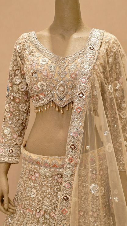 Champagne Beige Embroidered Bridal Lehenga