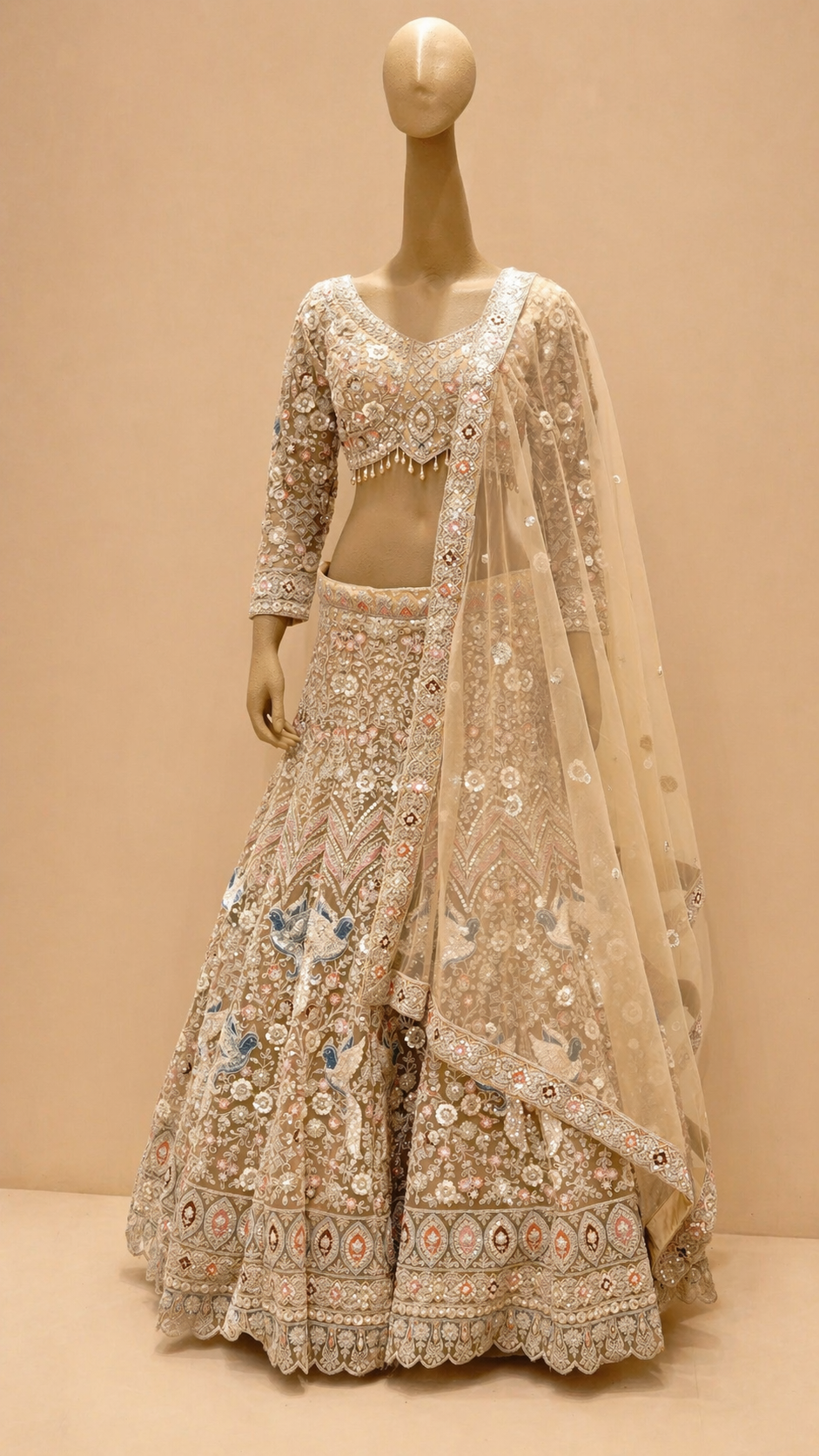 Champagne Beige Embroidered Bridal Lehenga