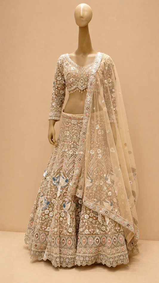 Champagne Beige Embroidered Bridal Lehenga
