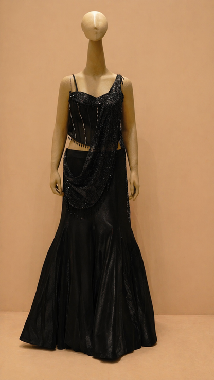 Midnight Black Sequined Drape Lehenga