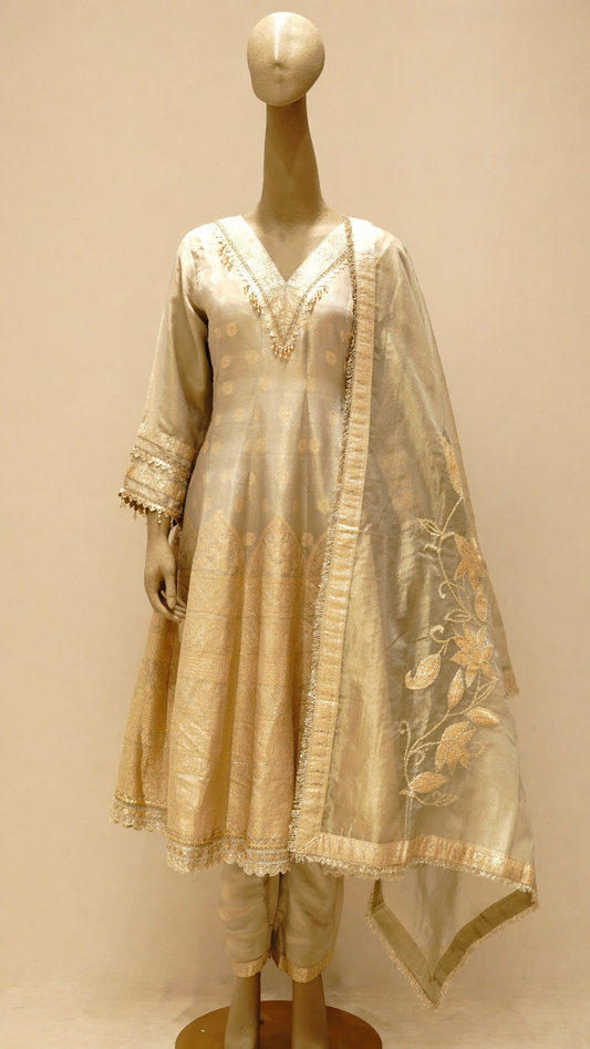 Elegant Gold Anarkali Set with Embroidered Dupatta